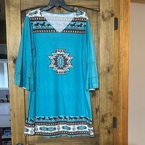 SHEIN Teal Aztec Print Midi Dress